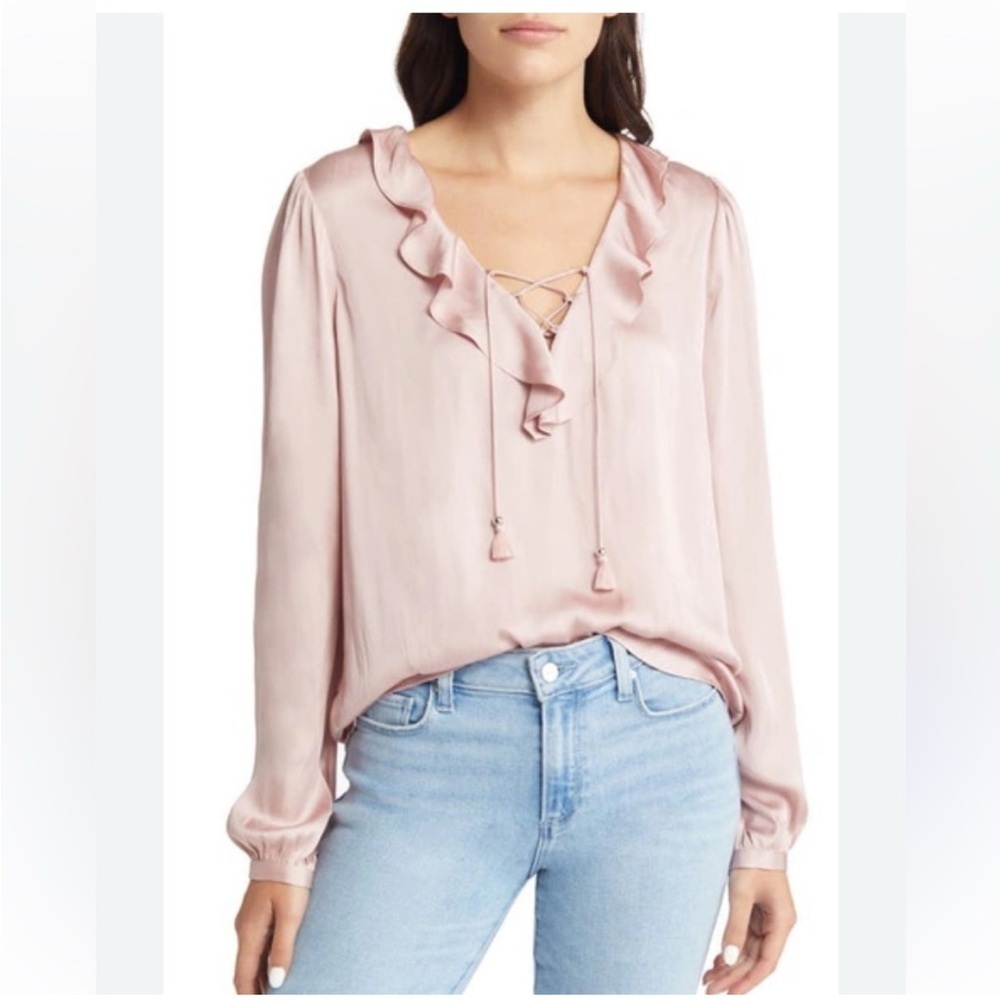 PAIGE Blush Satin Ruffle Lace-Up Top Romantic Preppy Academia Coquette Blouse S
